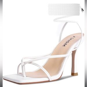 White Lace Up Heels Sandals, Square Toe, Open Toe Thong
